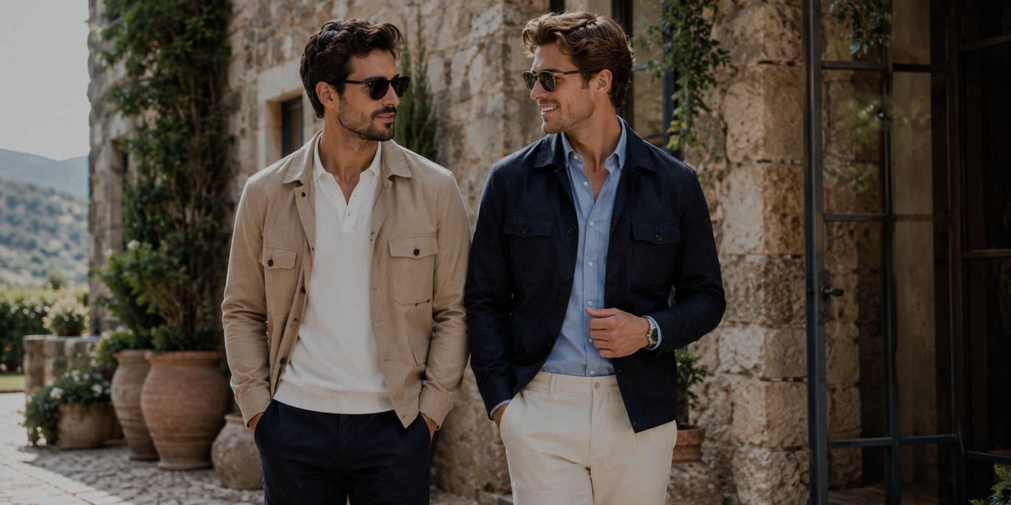 Two men standing outdoors in front of a stone building, wearing sunglasses and casual clothing.