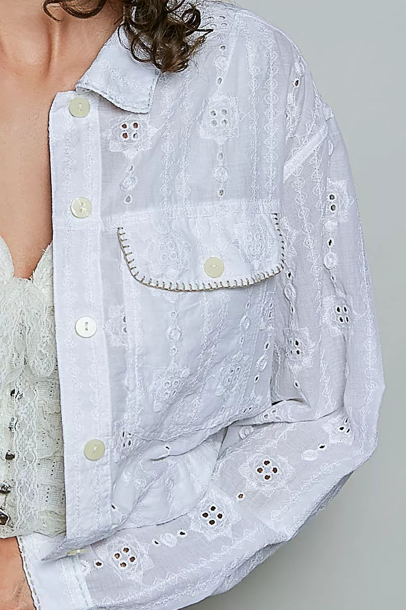 Eyelet Textured Cotton Cropped Button Front Jacket