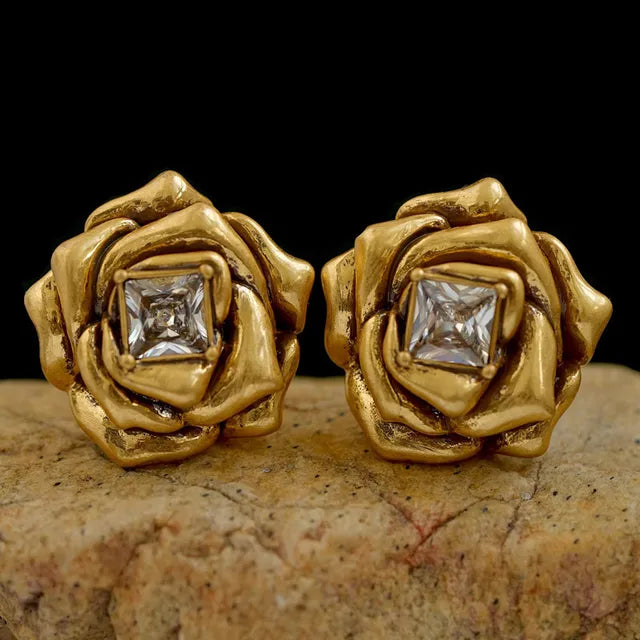 Gold Rose Flower Zircon Brass Stud Earrings for Women
