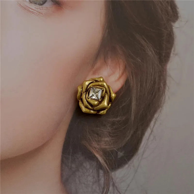 Gold Rose Flower Zircon Brass Stud Earrings for Women