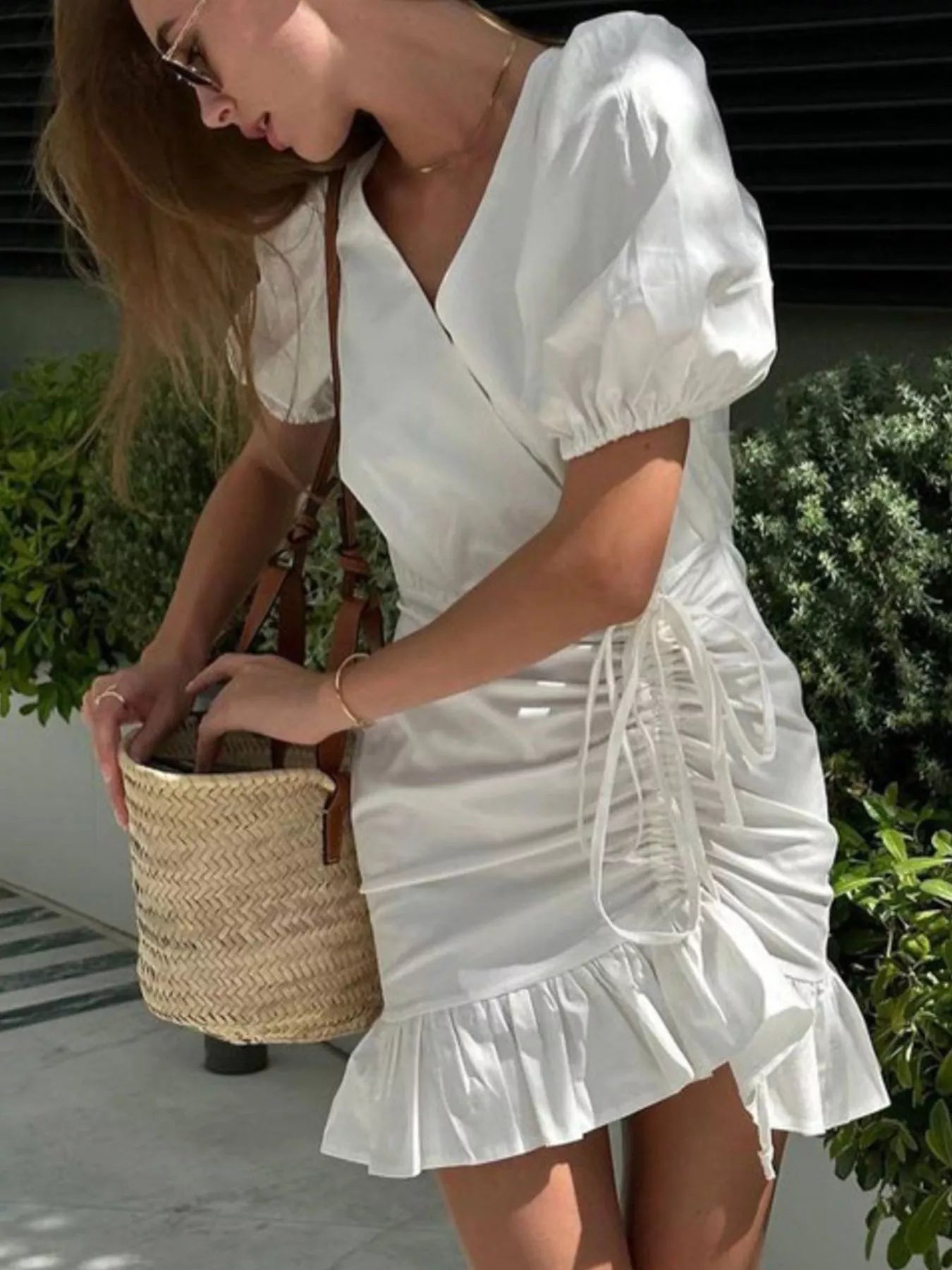 Ruffled Hem Ruched Puff Sleeve Mini Dress Women