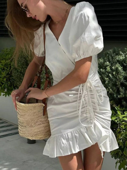 Ruffled Hem Ruched Puff Sleeve Mini Dress Women