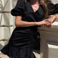 Ruffled Hem Ruched Puff Sleeve Mini Dress Women