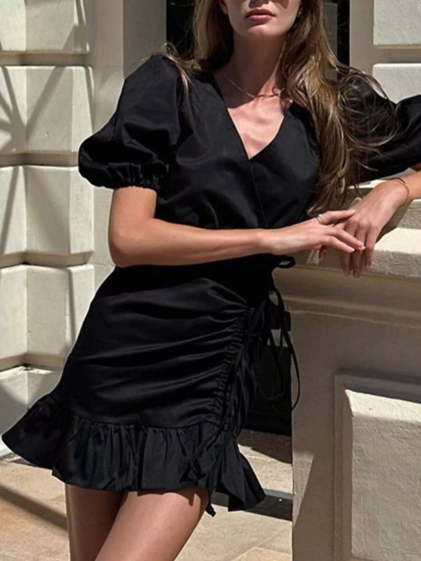 Ruffled Hem Ruched Puff Sleeve Mini Dress Women