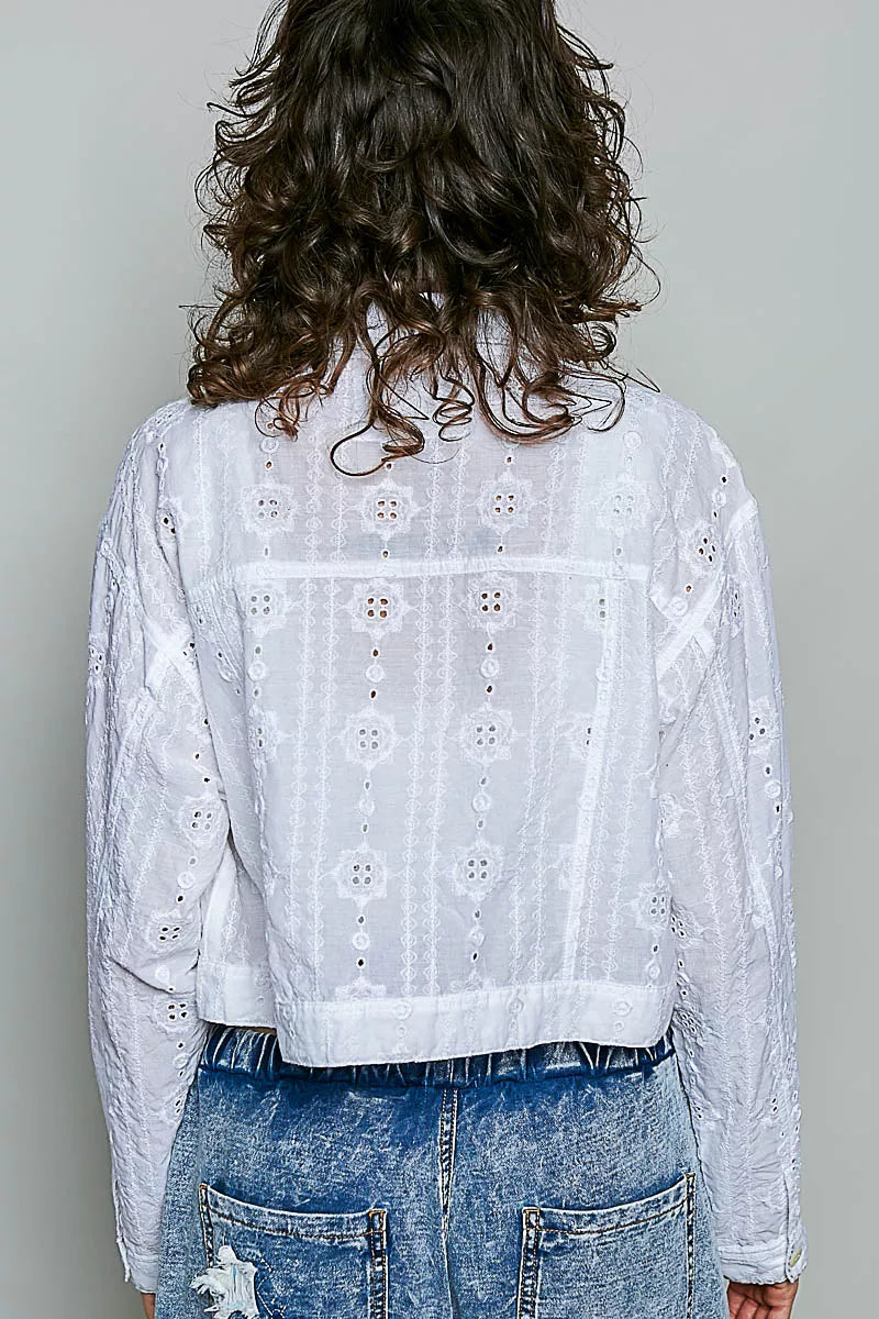 Eyelet Textured Cotton Cropped Button Front Jacket