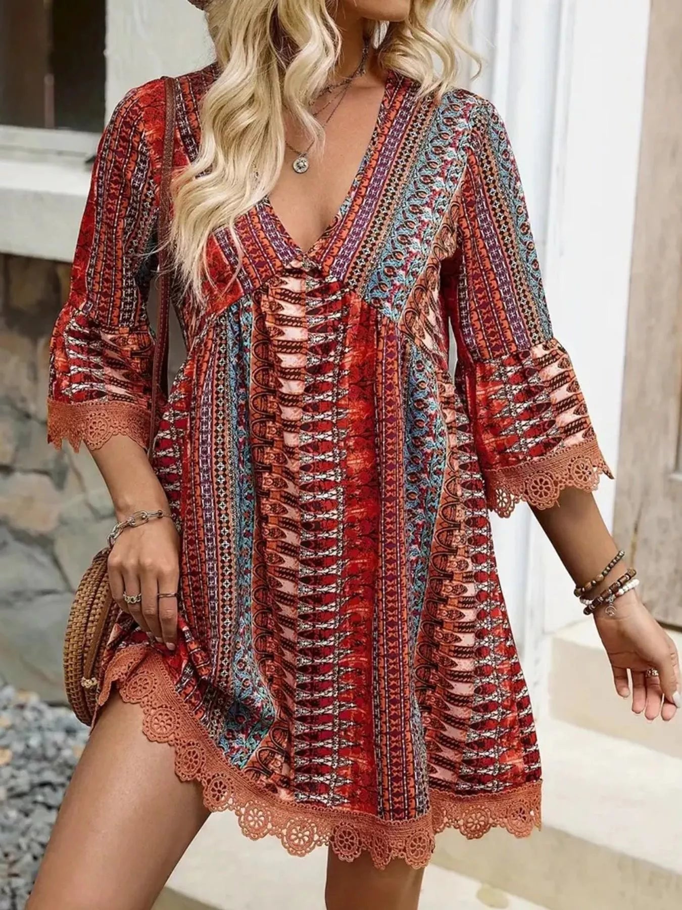 Printed V-Neck A-Line Dress for Everyday Casual Wear