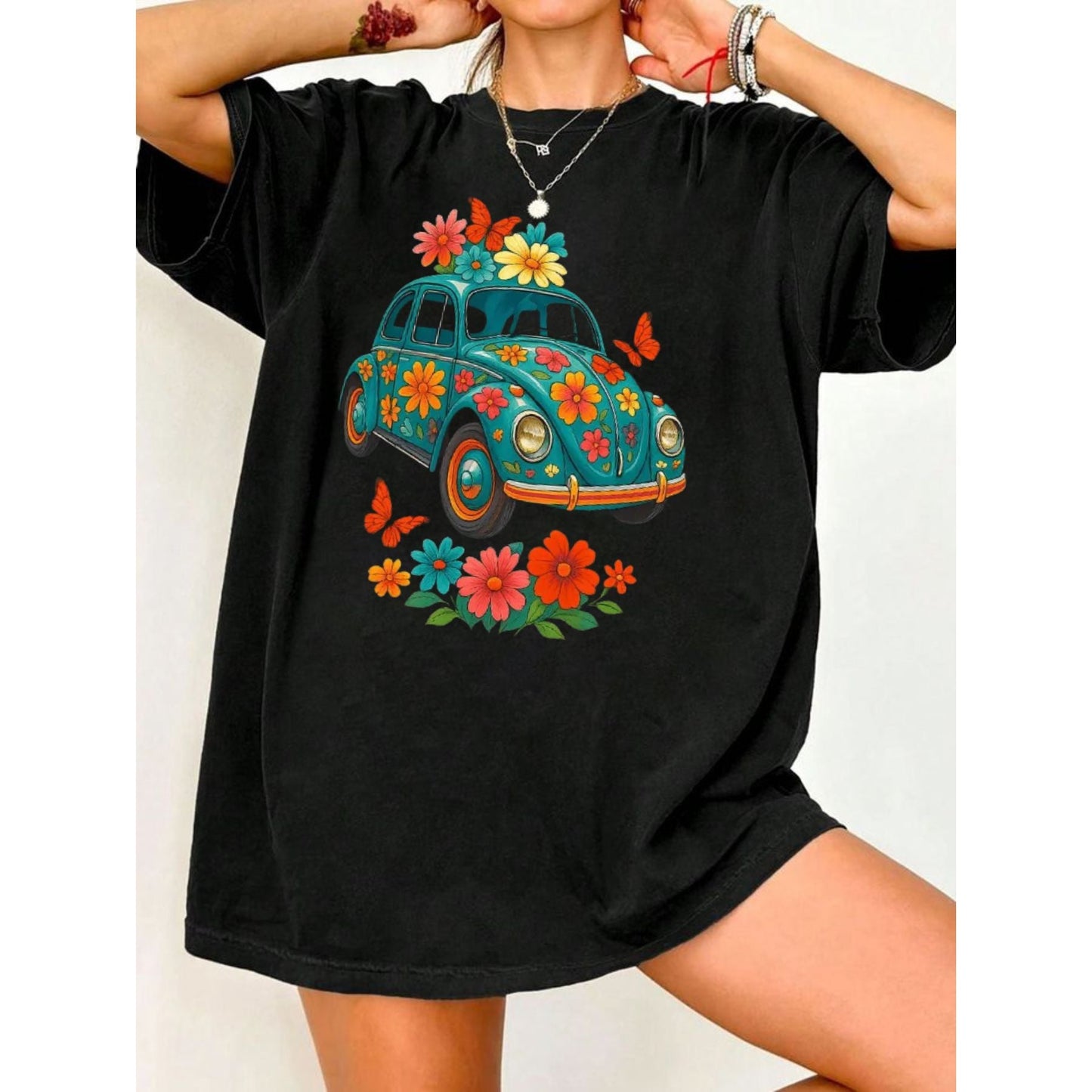 Women's Turquoise Floral Graphic T-Shirt – Vibrant Botanical Print Tee, Soft Cotton Nature-Inspired Flower Shirt for Her