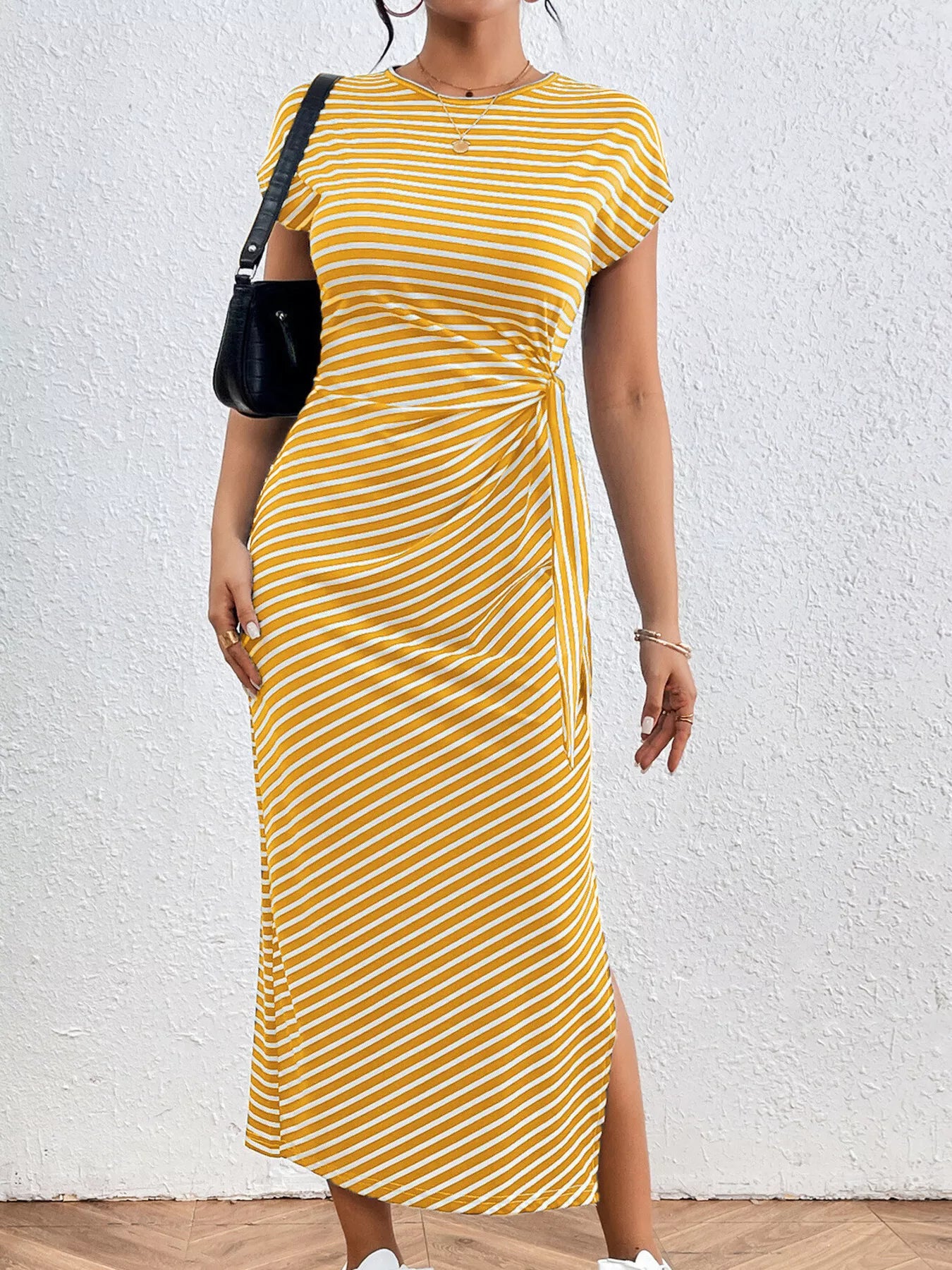 Striped Tie Waist Midi Dress Casual Women's Fashion