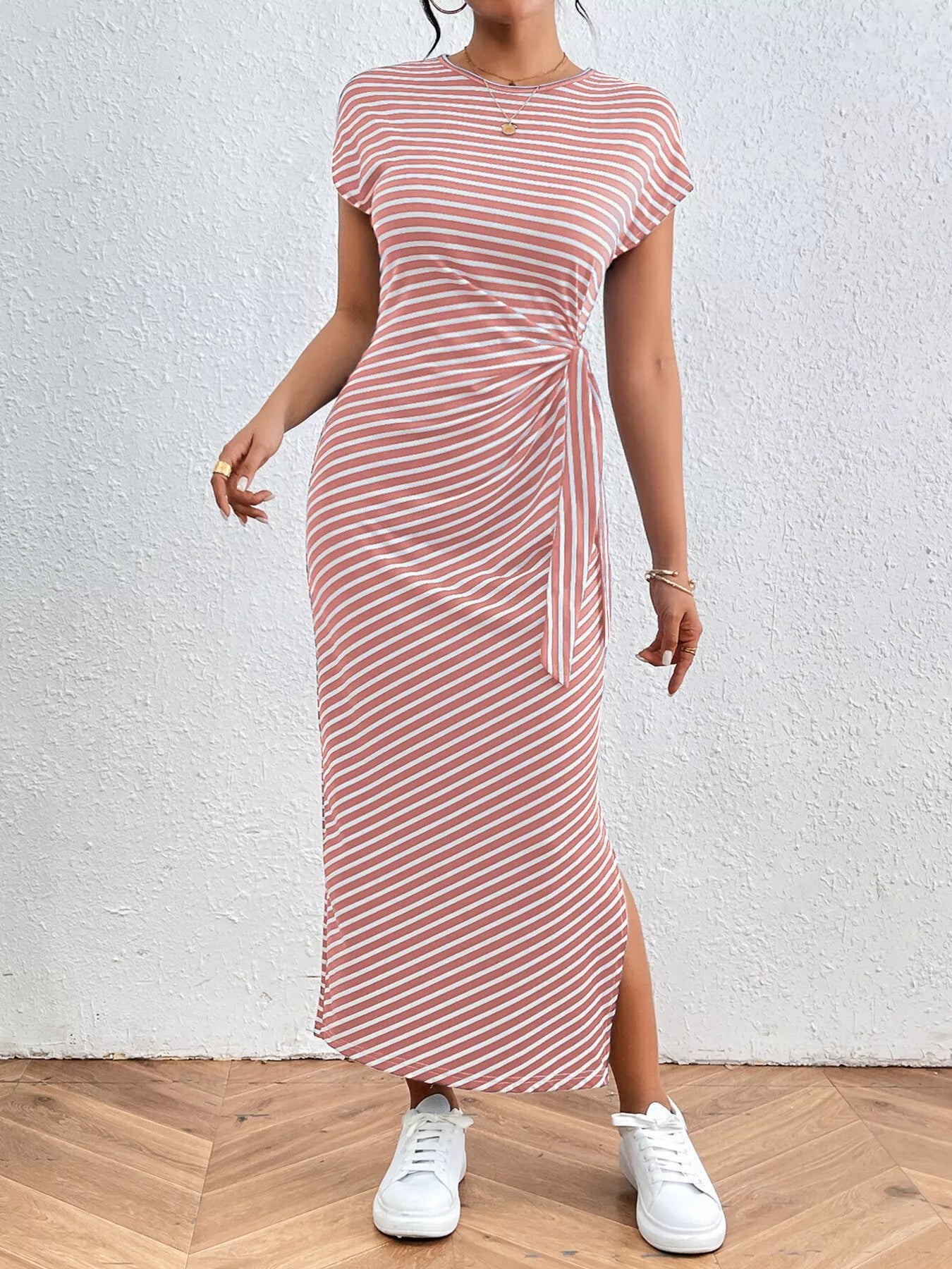Striped Tie Waist Midi Dress Casual Women's Fashion