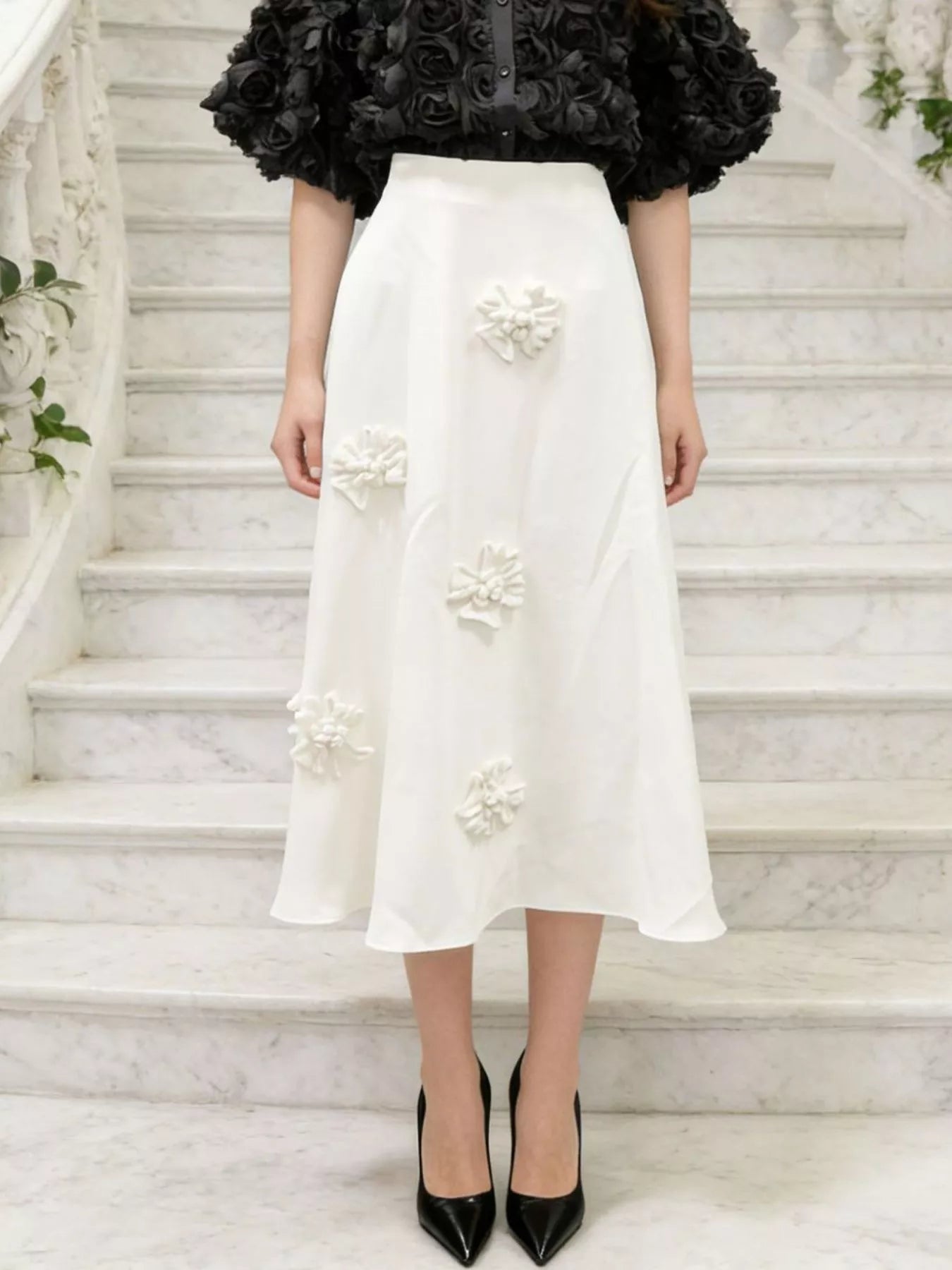 Floral Embellished Midi Skirt Elegant Women's Fashion
