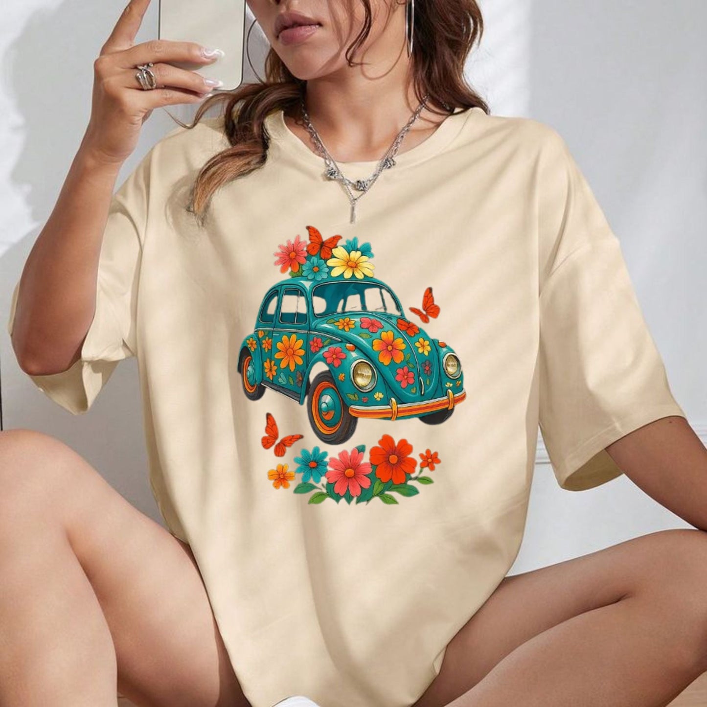 Women's Turquoise Floral Graphic T-Shirt – Vibrant Botanical Print Tee, Soft Cotton Nature-Inspired Flower Shirt for Her