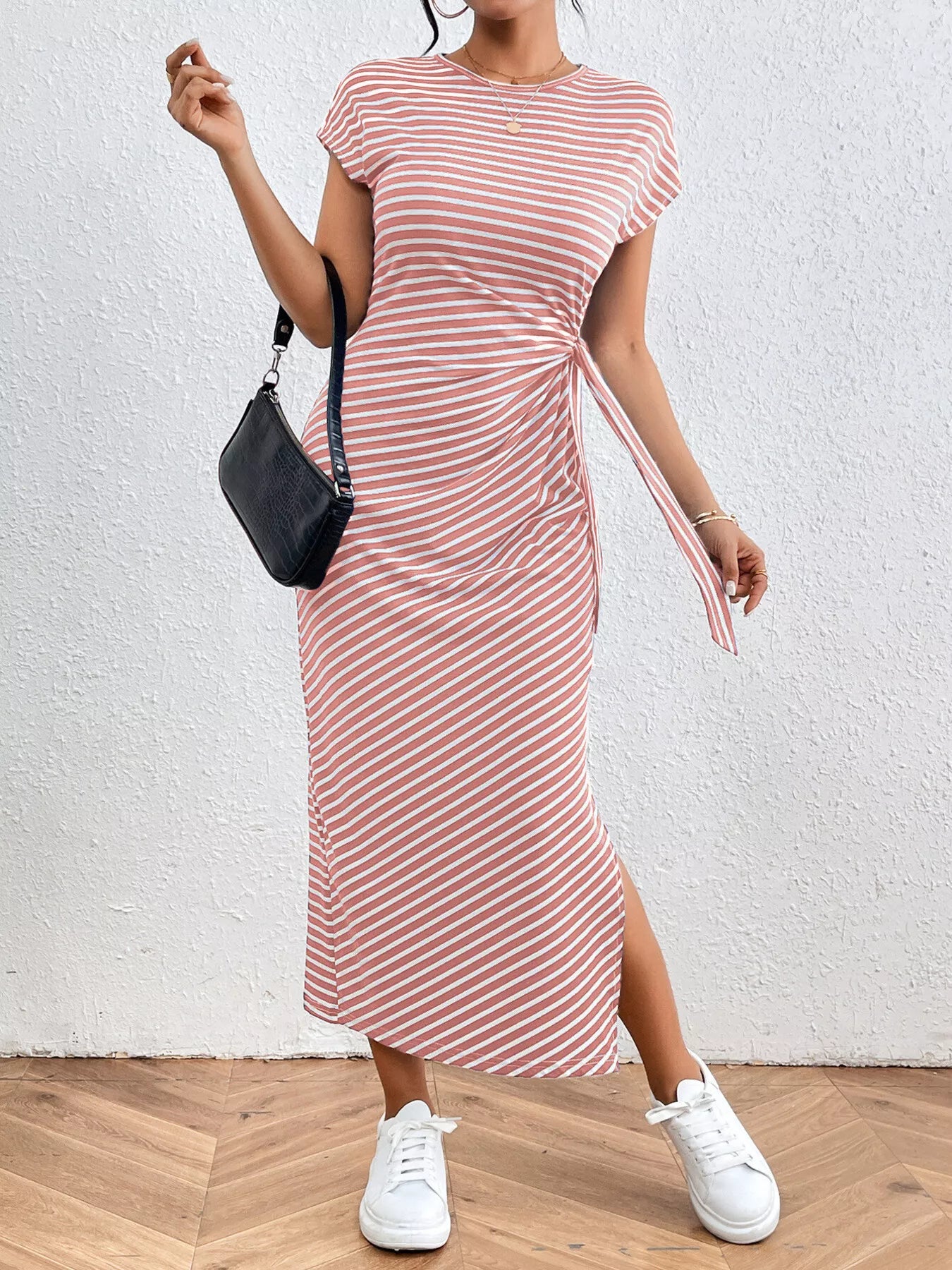 Striped Tie Waist Midi Dress Casual Women's Fashion