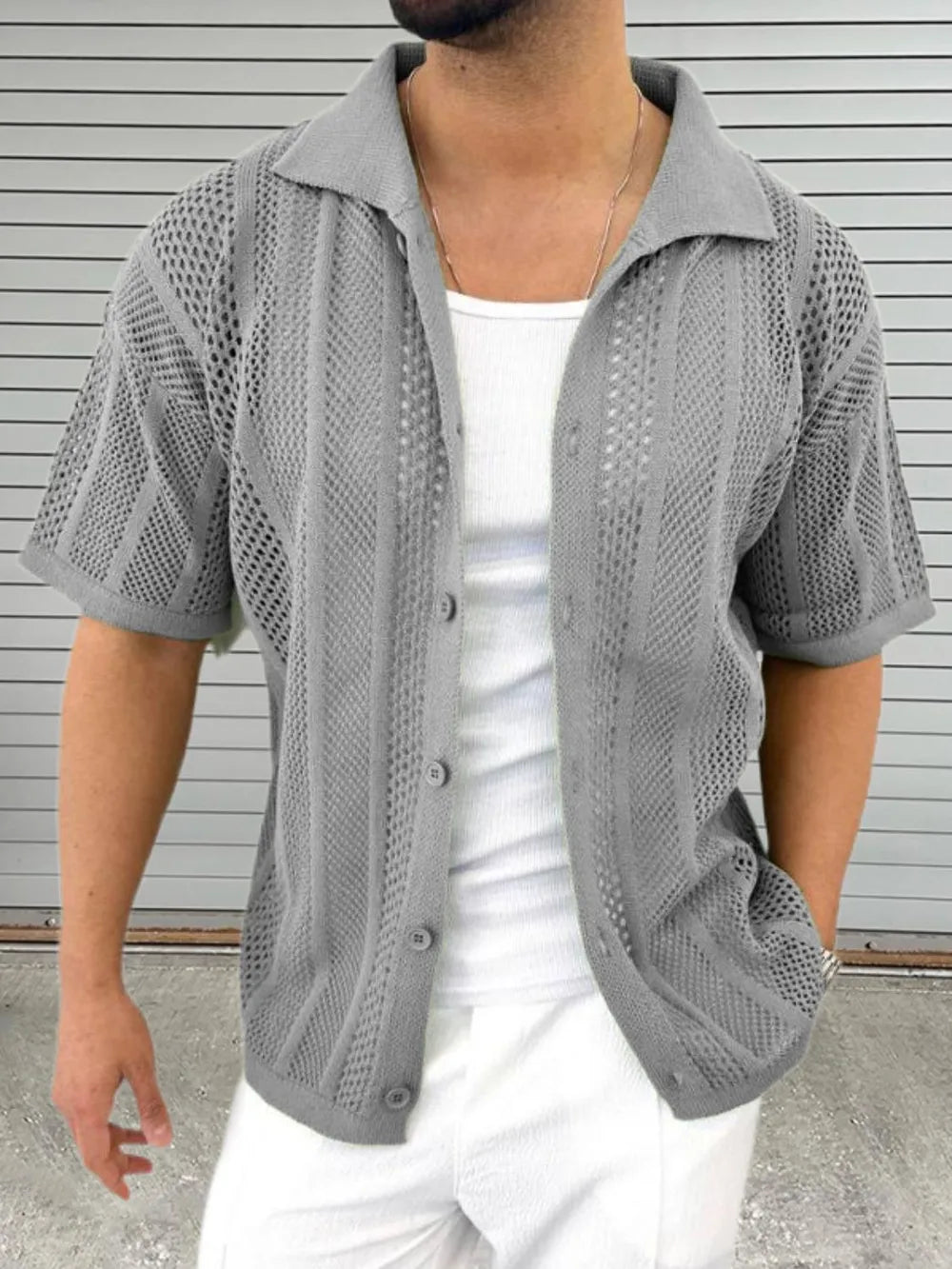 Men's Button Down Hollow Out Collared Shirt Casual