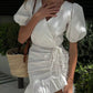 Ruffled Hem Ruched Puff Sleeve Mini Dress Women