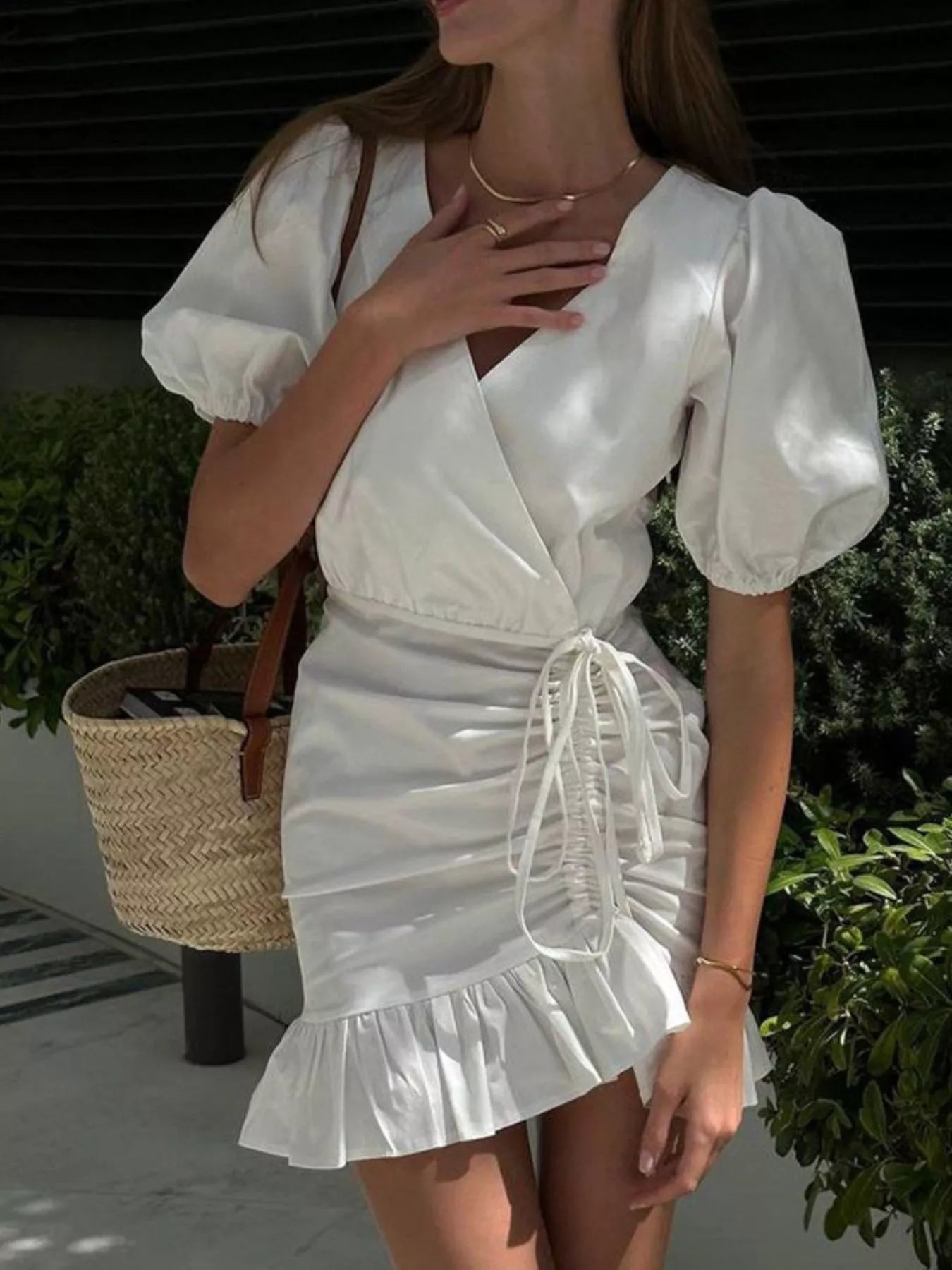 Ruffled Hem Ruched Puff Sleeve Mini Dress Women