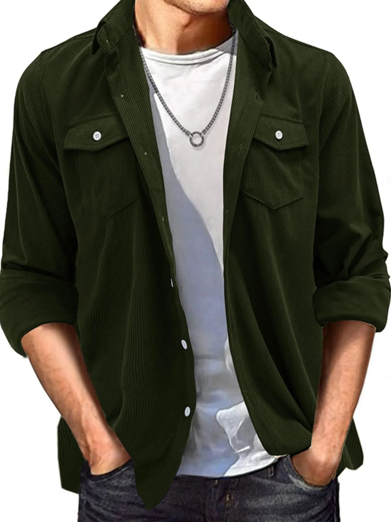 Men's Casual Corduroy Button Down Shacket Jacket