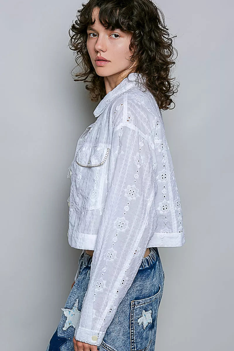 Eyelet Textured Cotton Cropped Button Front Jacket