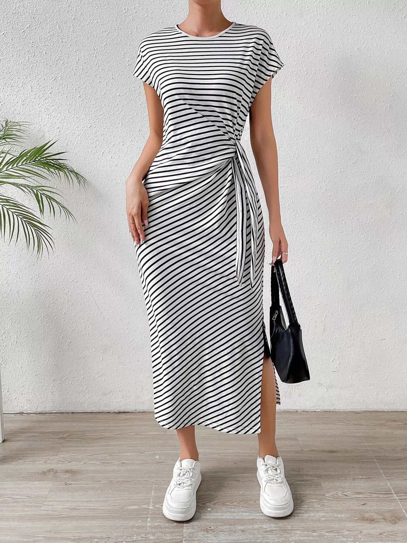 Striped Tie Waist Midi Dress Casual Women's Fashion