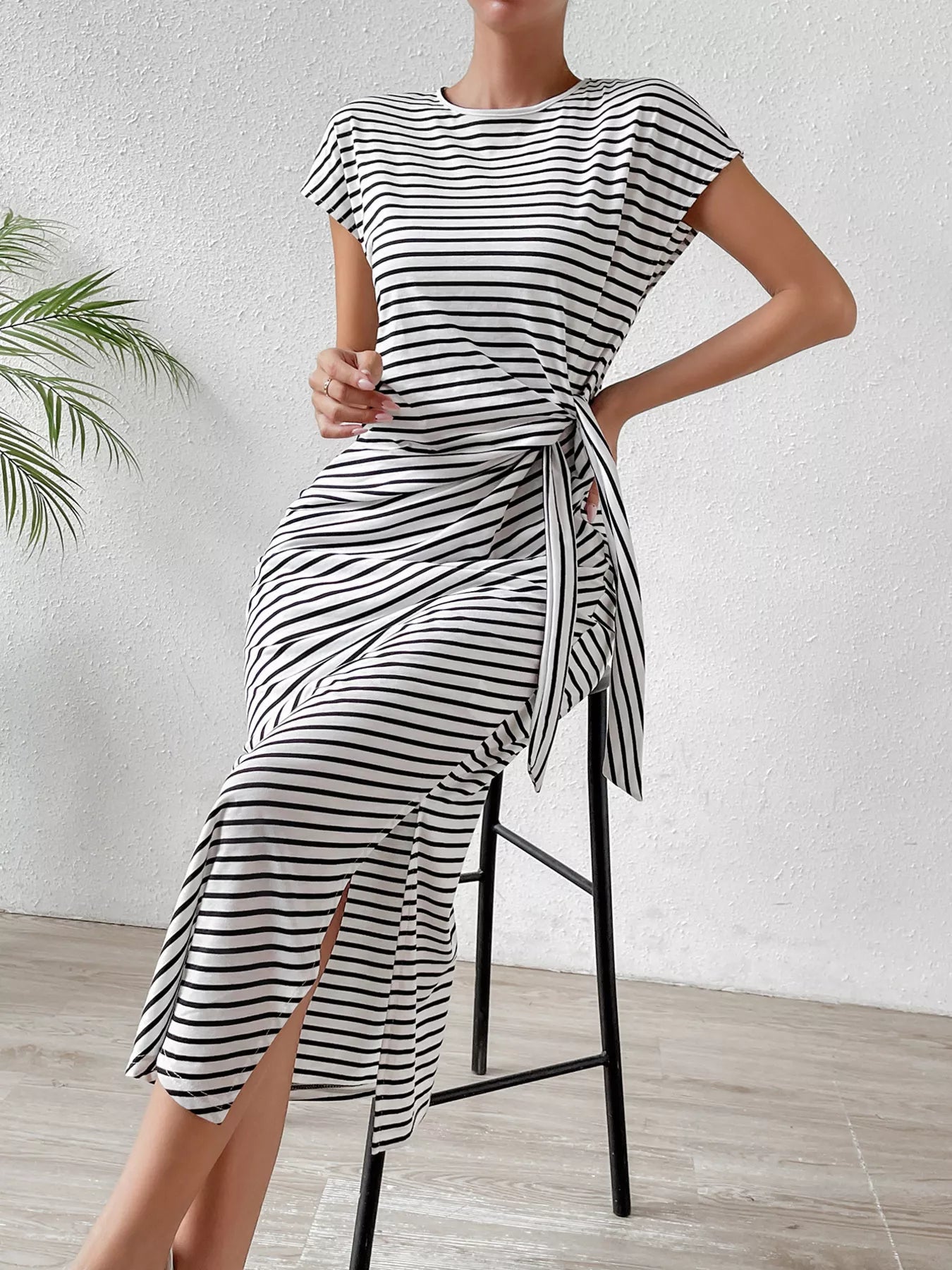 Striped Tie Waist Midi Dress Casual Women's Fashion