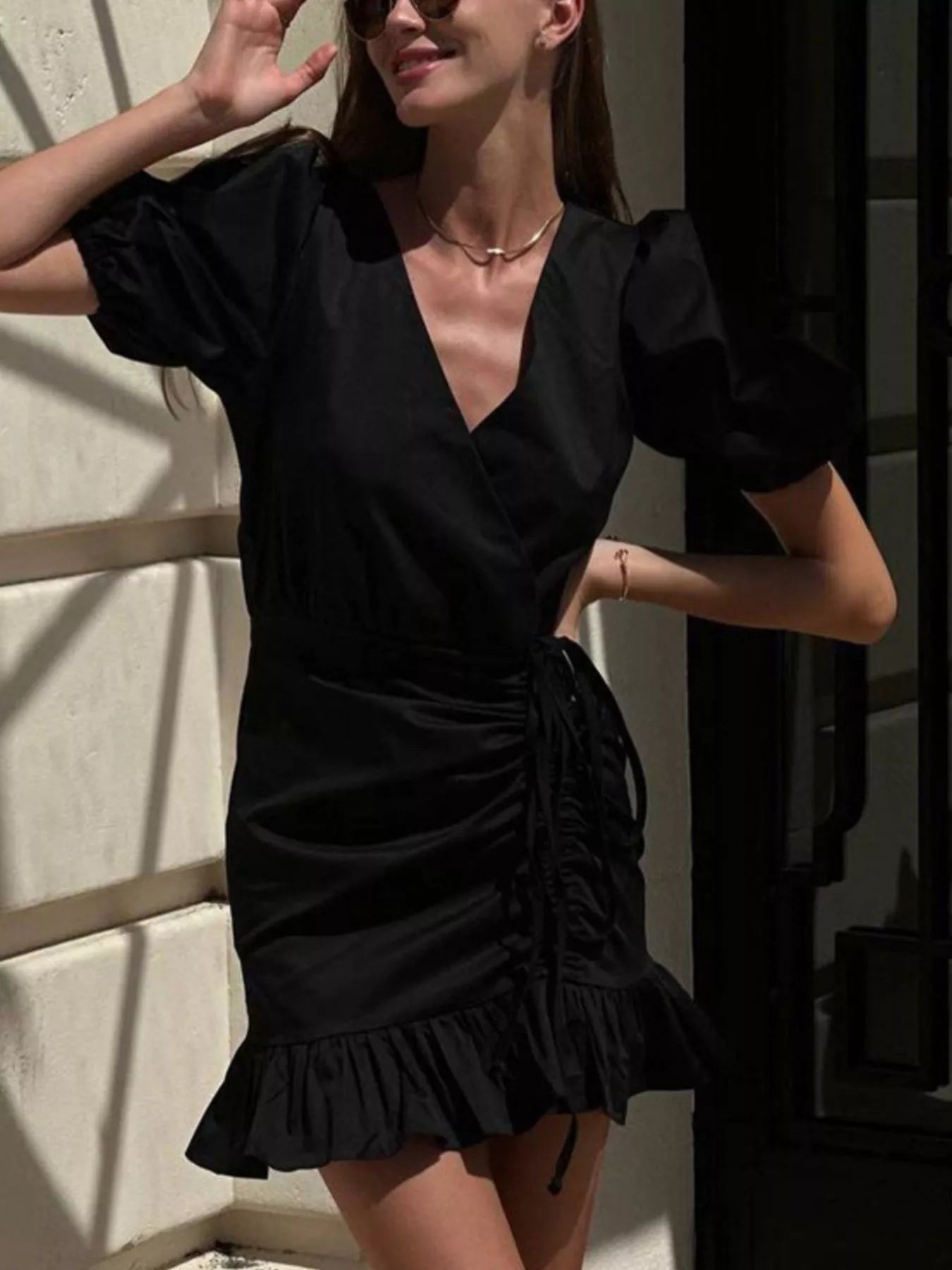 Ruffled Hem Ruched Puff Sleeve Mini Dress Women