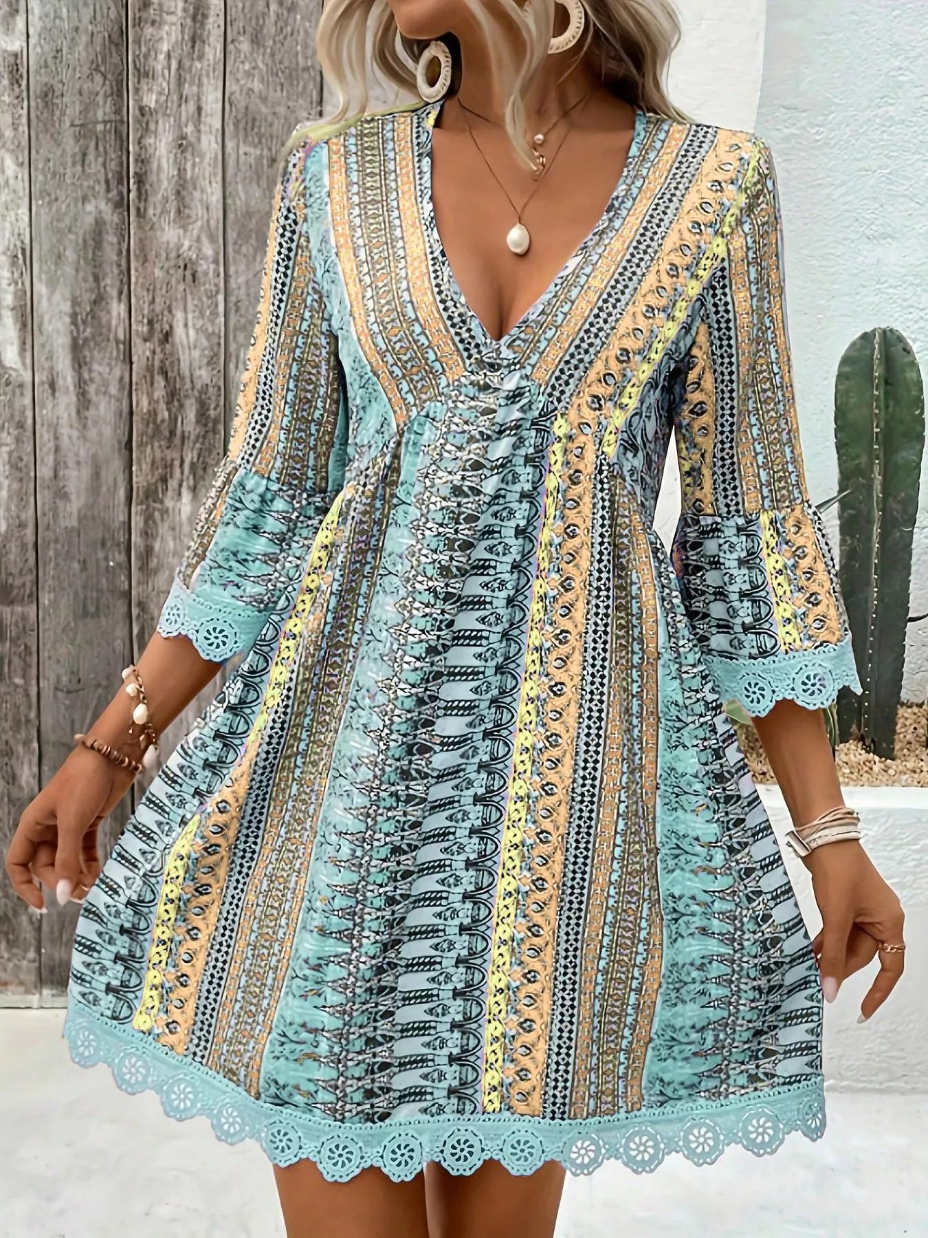 Printed V-Neck A-Line Dress for Everyday Casual Wear