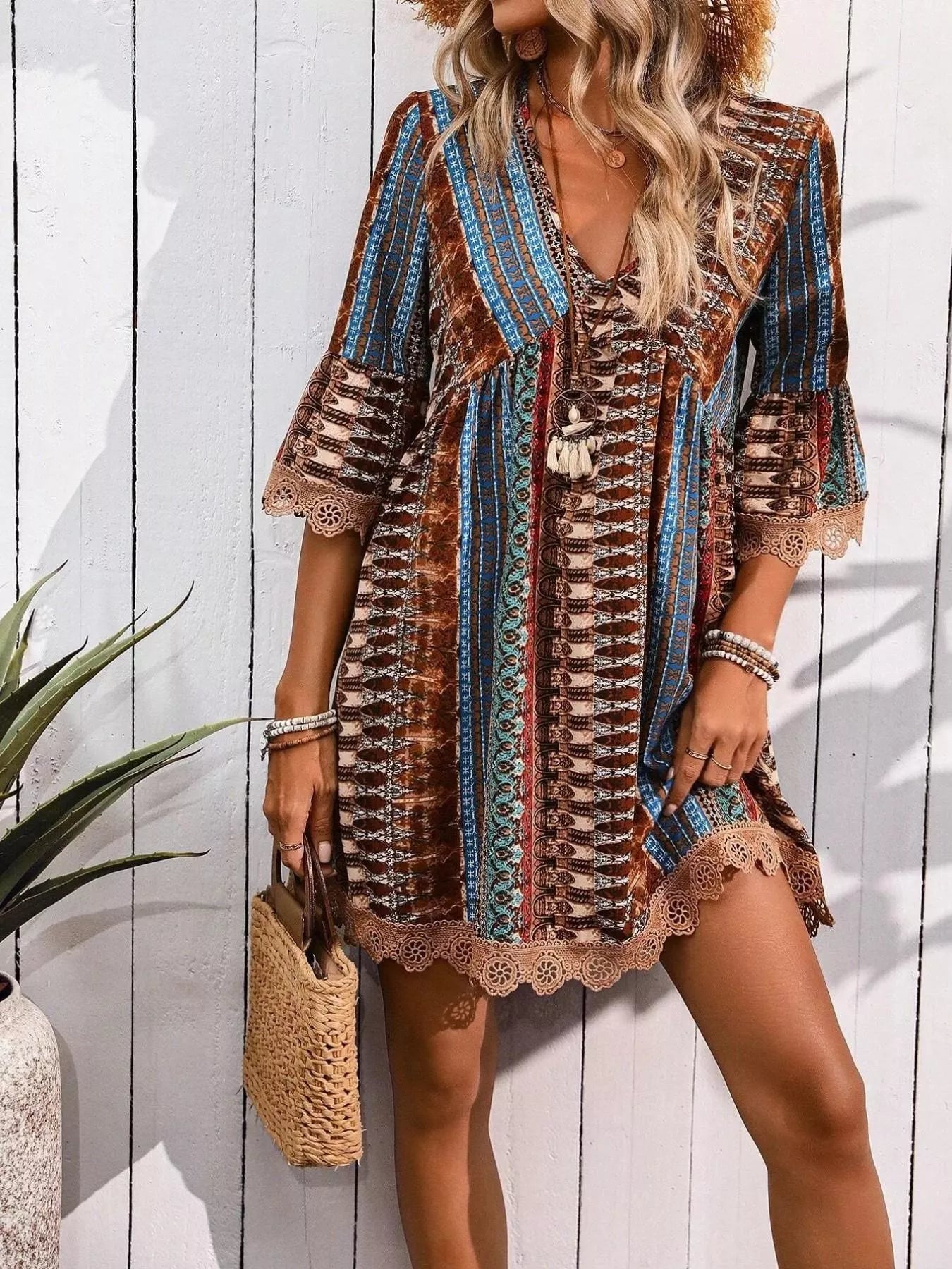 Printed V-Neck A-Line Dress for Everyday Casual Wear