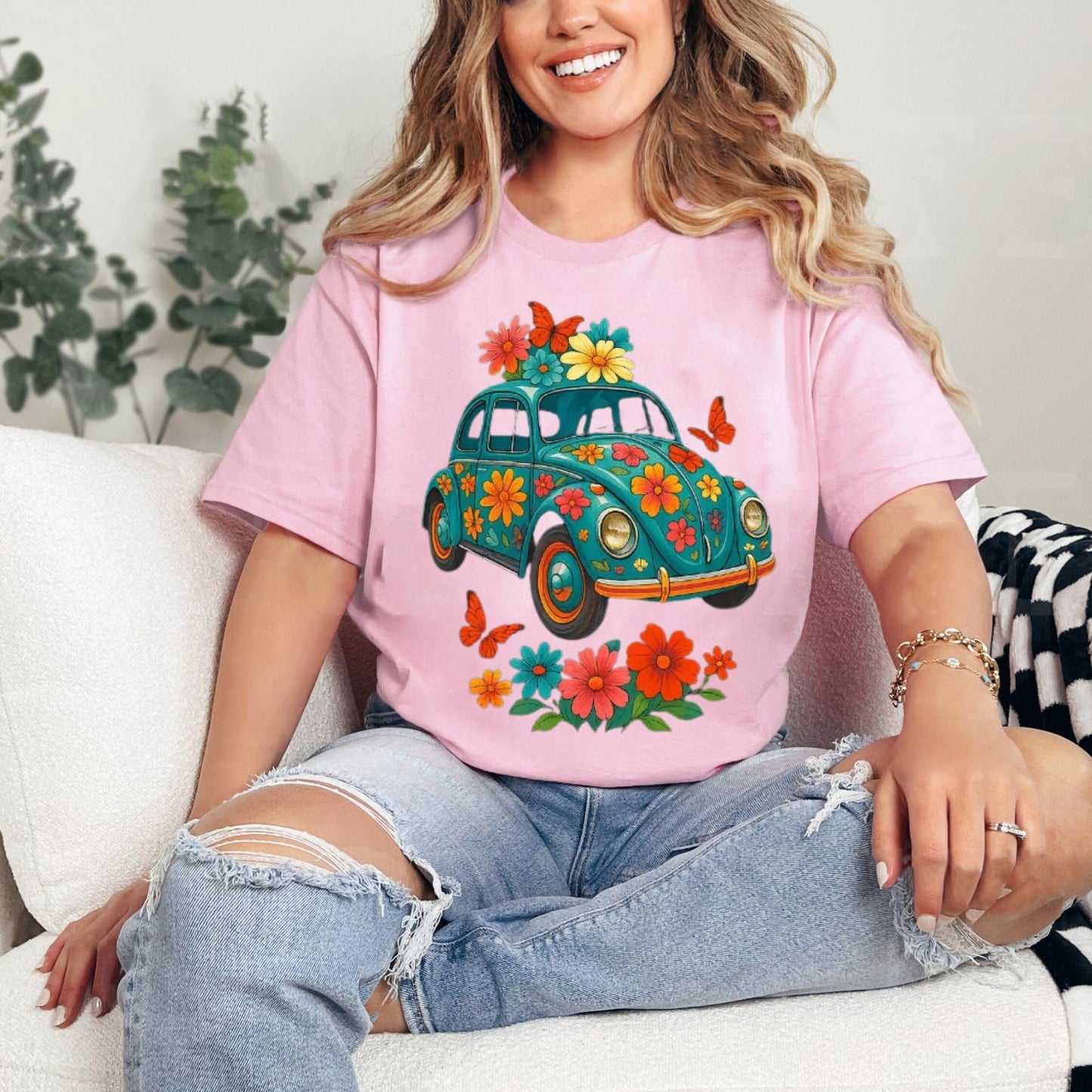 Women's Turquoise Floral Graphic T-Shirt – Vibrant Botanical Print Tee, Soft Cotton Nature-Inspired Flower Shirt for Her