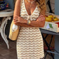 V-Neck Crochet Knit Mini Dress with Tie Front