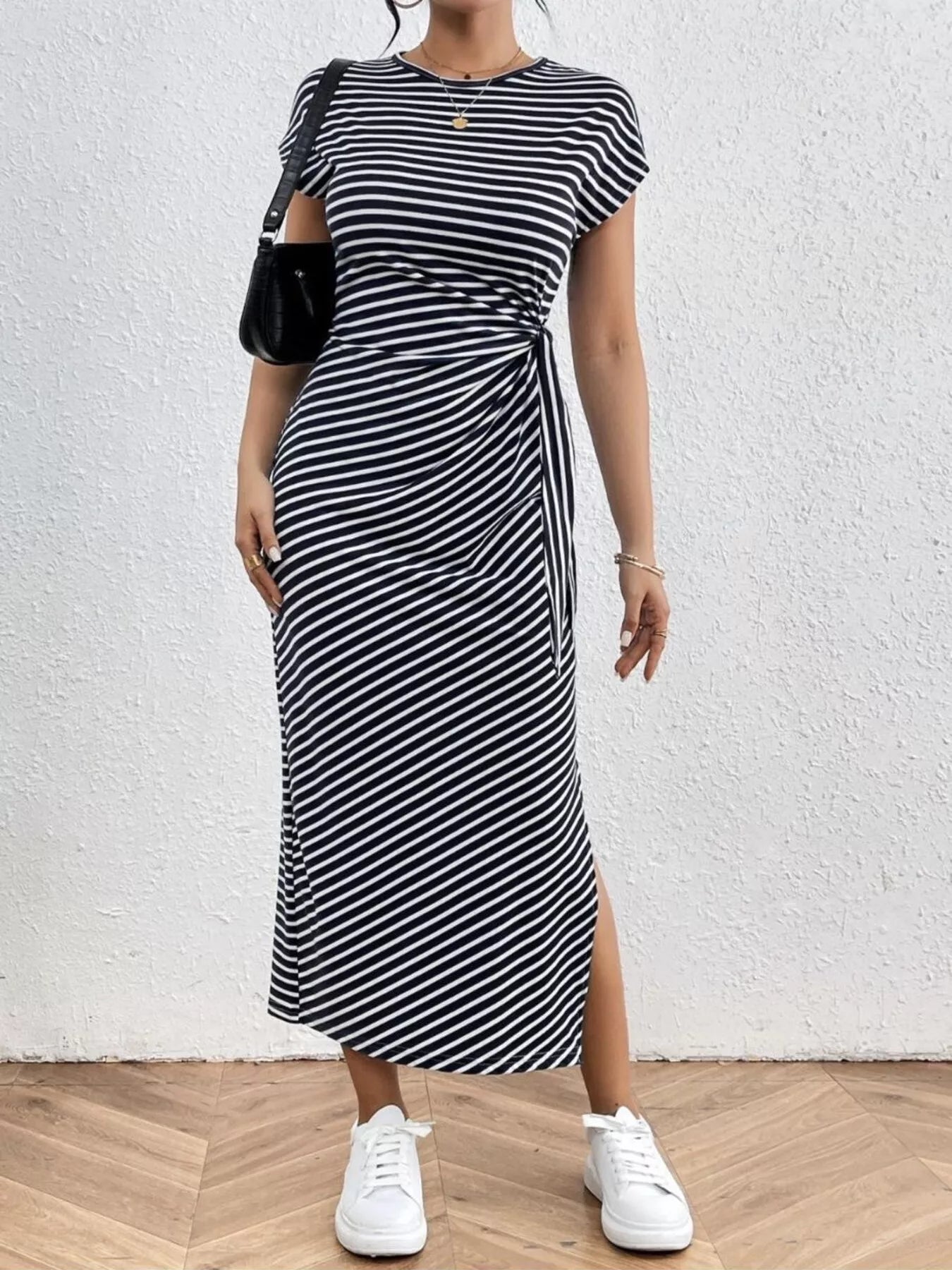 Striped Tie Waist Midi Dress Casual Women's Fashion