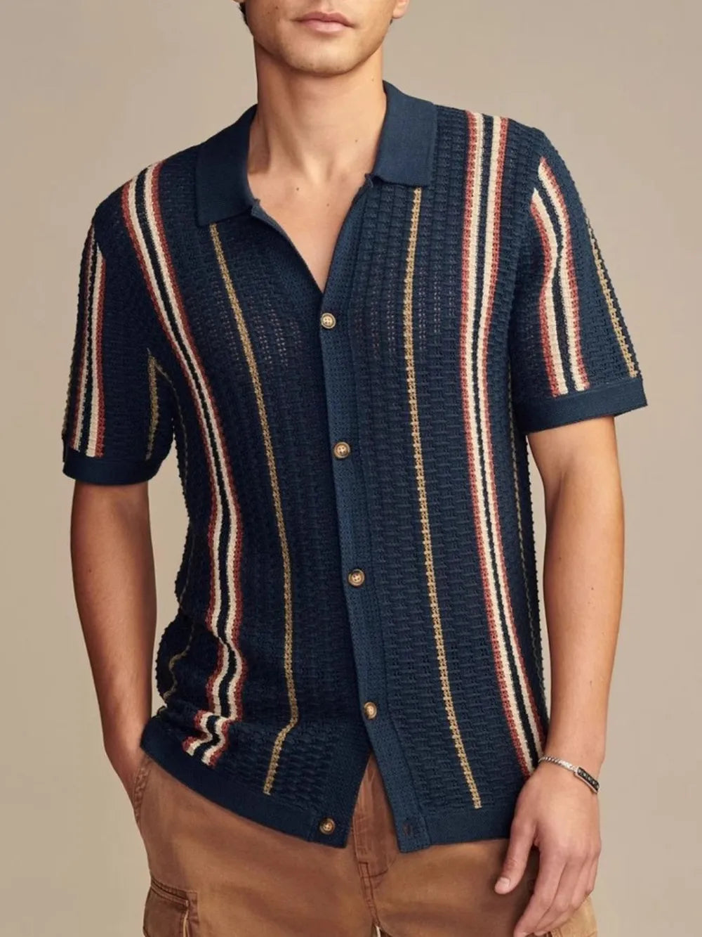 Men's Plus Size Striped Collared Short Sleeve Shirt