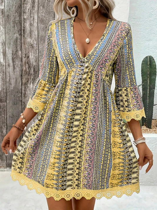 Printed V-Neck A-Line Dress for Everyday Casual Wear