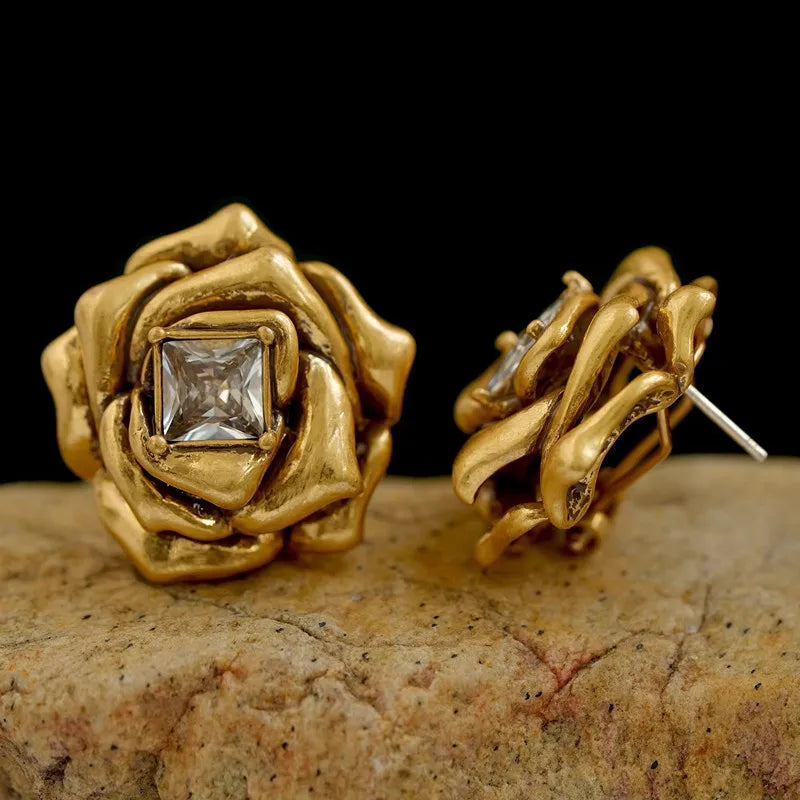 Gold Rose Flower Zircon Brass Stud Earrings for Women