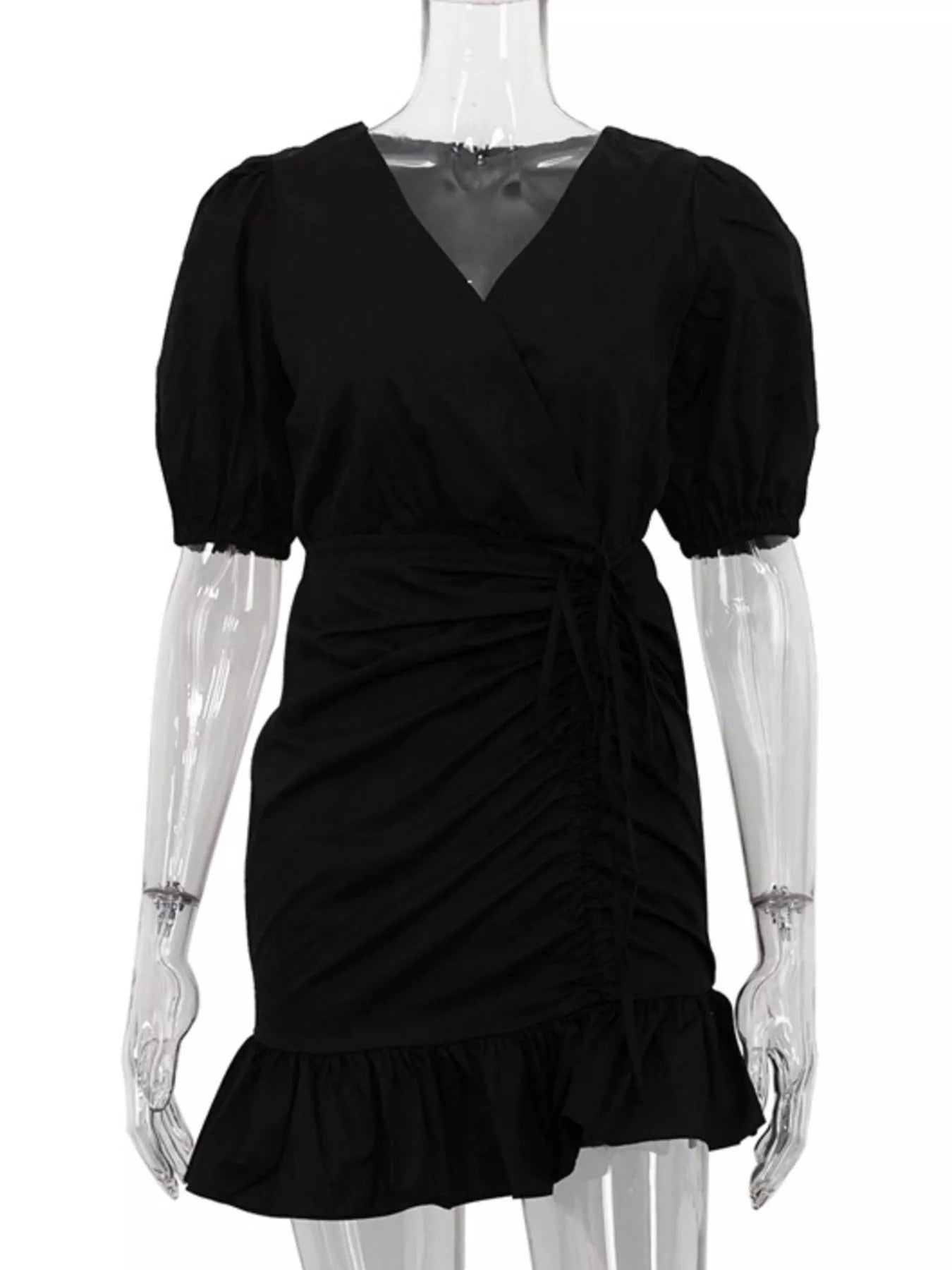 Ruffled Hem Ruched Puff Sleeve Mini Dress Women