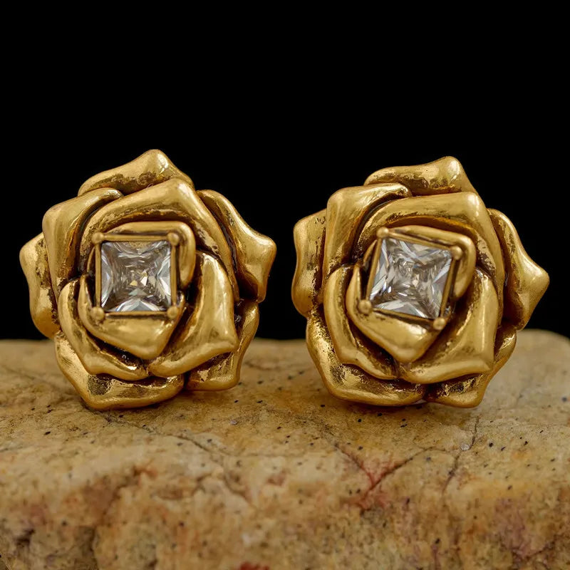 Gold Rose Flower Zircon Brass Stud Earrings for Women