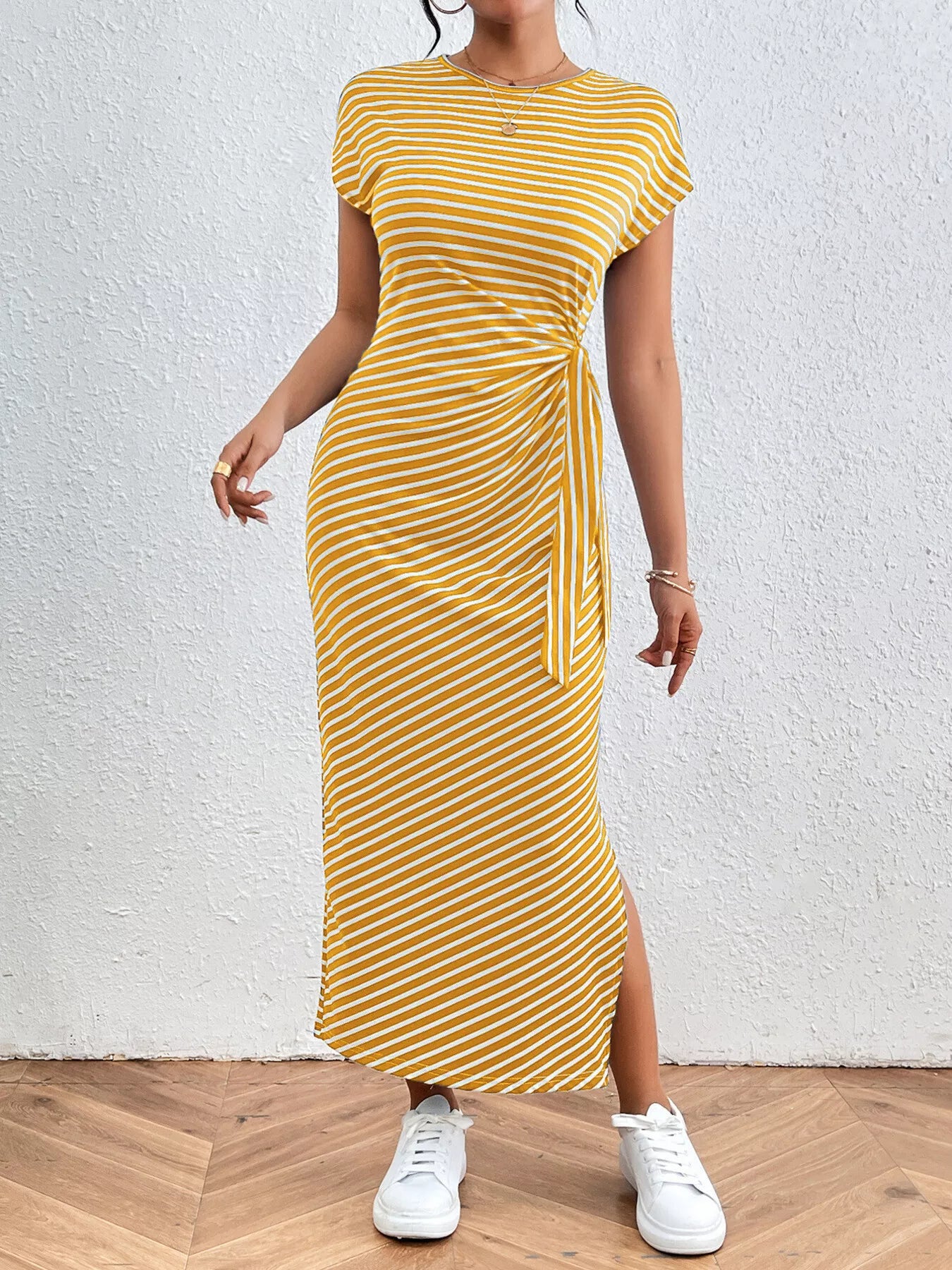 Striped Tie Waist Midi Dress Casual Women's Fashion