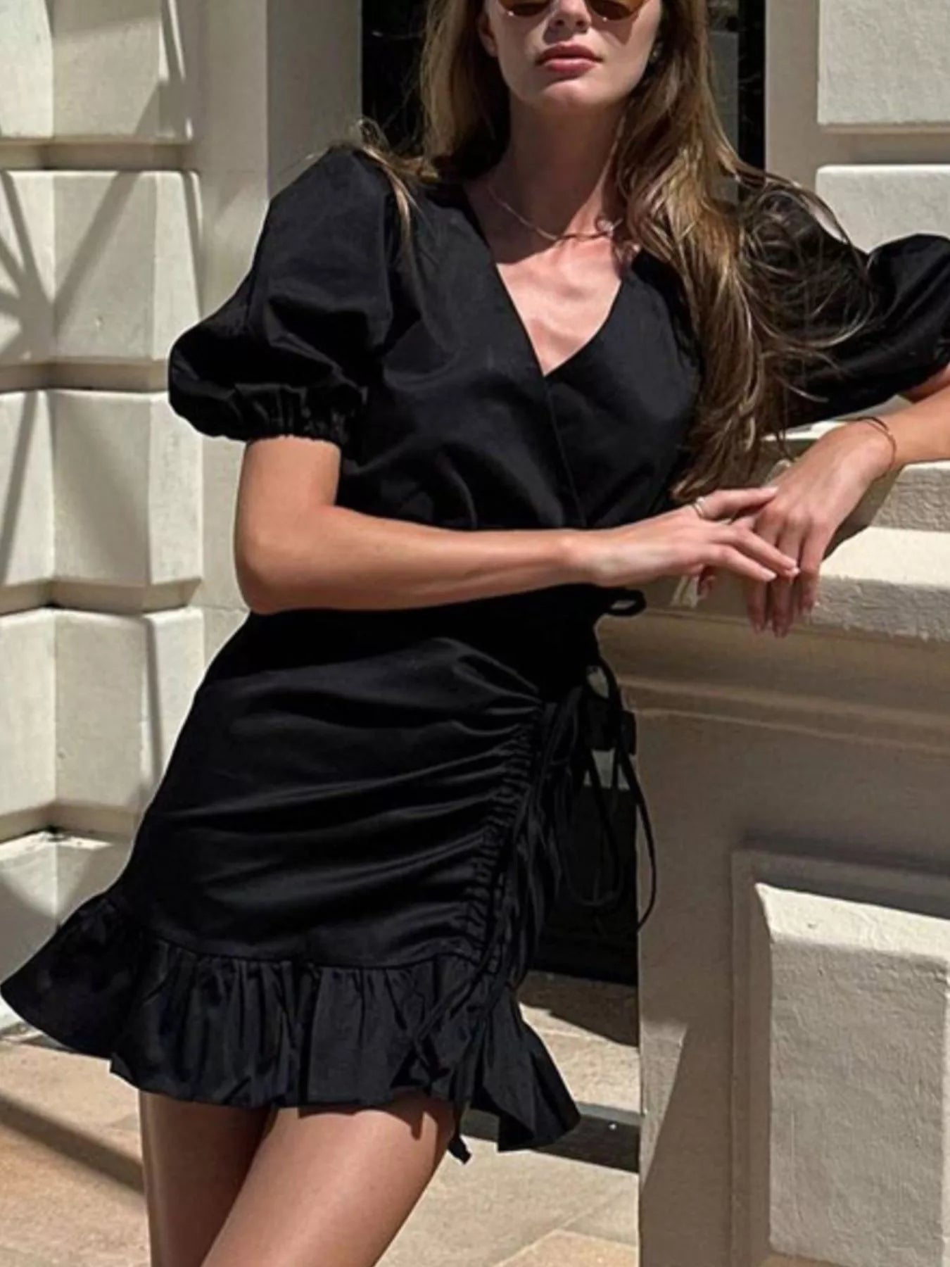 Ruffled Hem Ruched Puff Sleeve Mini Dress Women