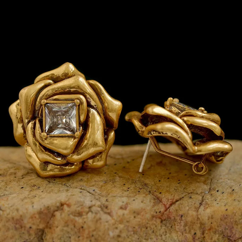 Gold Rose Flower Zircon Brass Stud Earrings for Women