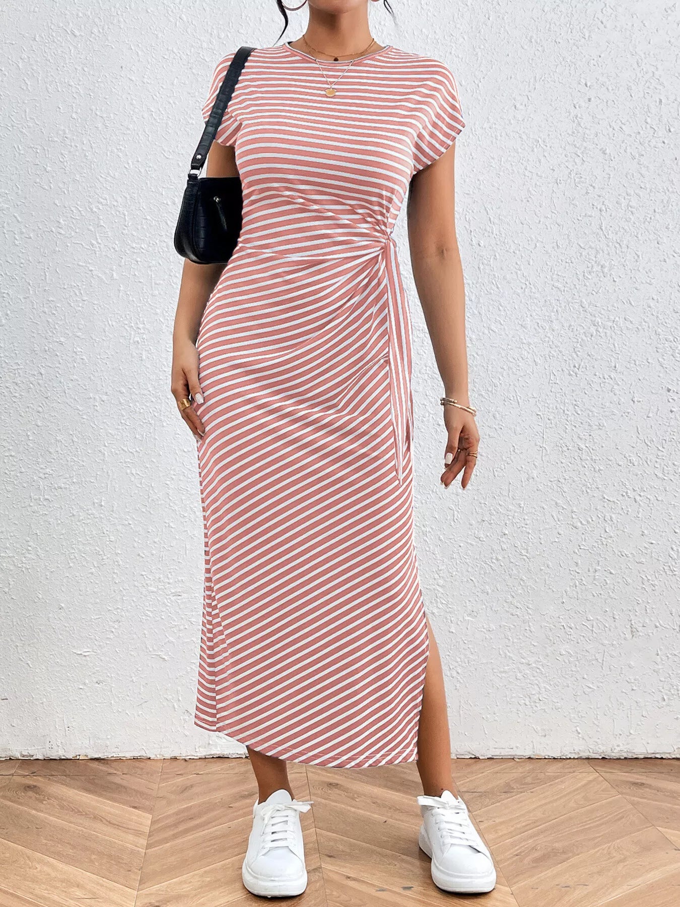 Striped Tie Waist Midi Dress Casual Women's Fashion