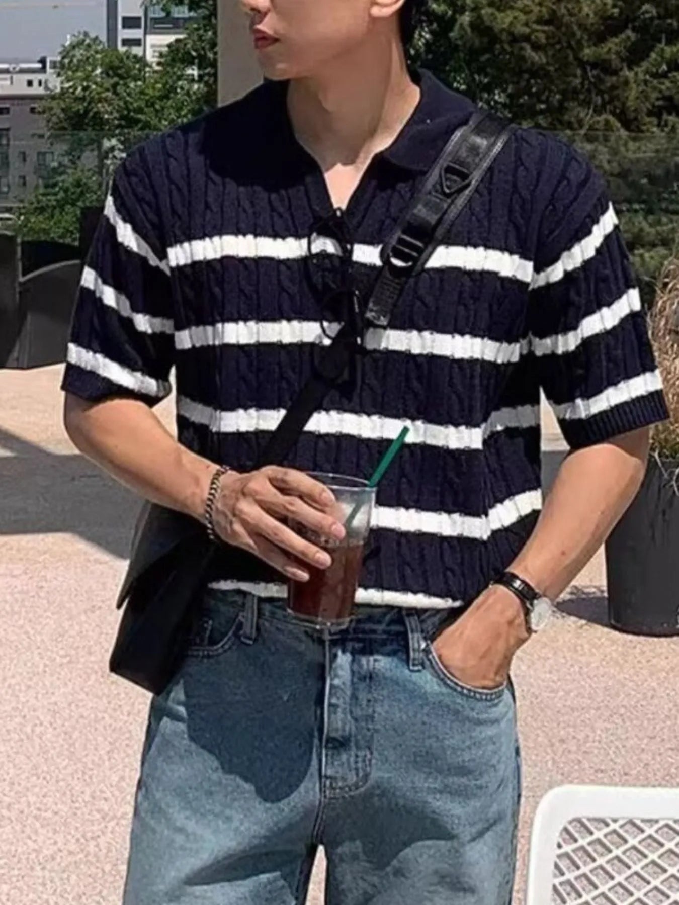 Men's Plus Size Striped Short Sleeve Polo Shirt