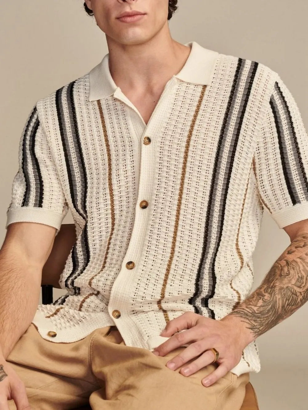 Men's Plus Size Striped Collared Short Sleeve Shirt