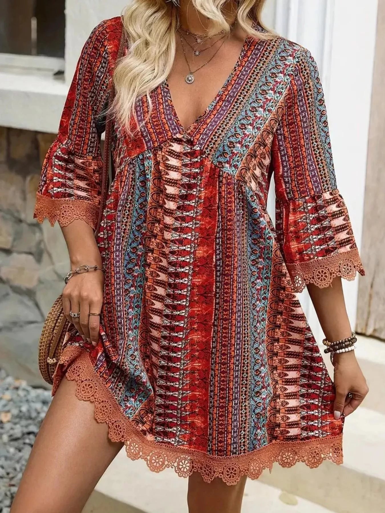 Printed V-Neck A-Line Dress for Everyday Casual Wear