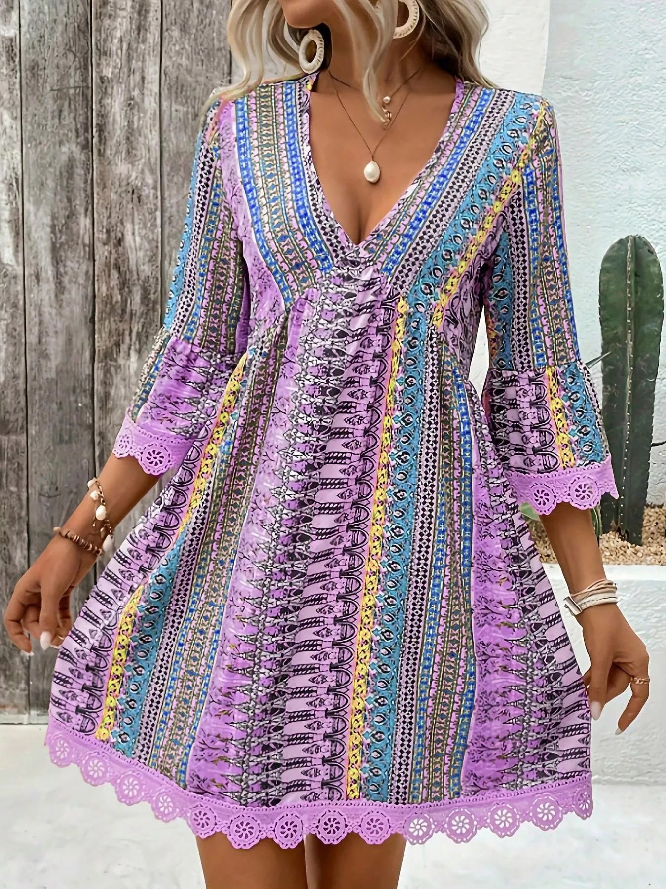 Printed V-Neck A-Line Dress for Everyday Casual Wear