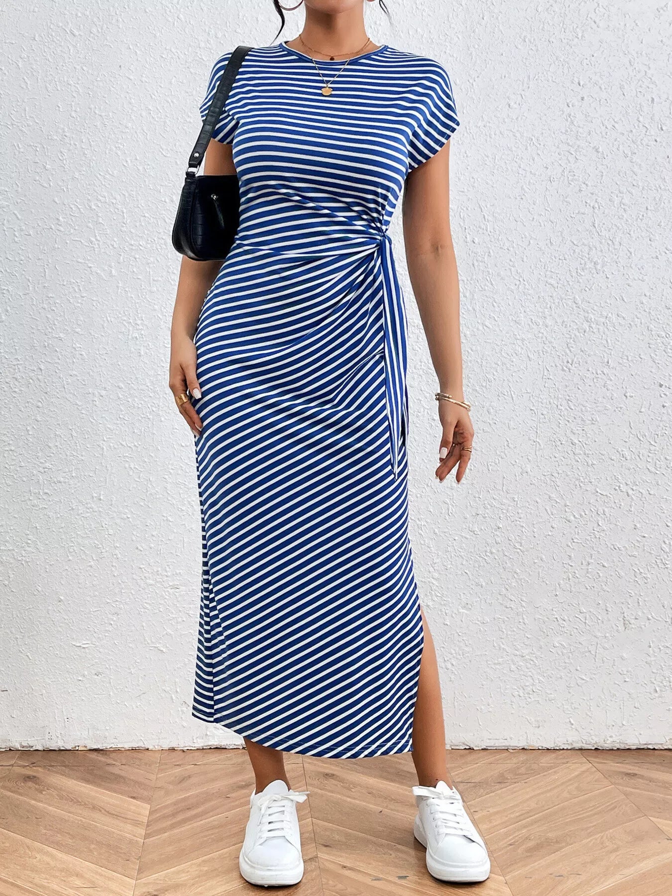 Striped Tie Waist Midi Dress Casual Women's Fashion