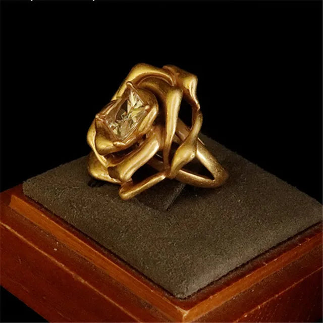 Gold Rose Flower Zircon Brass Stud Earrings for Women