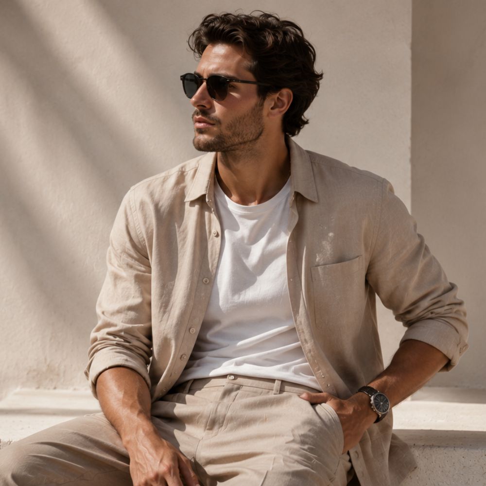 Man wearing sunglasses and a beige shirt sitting against a neutral background