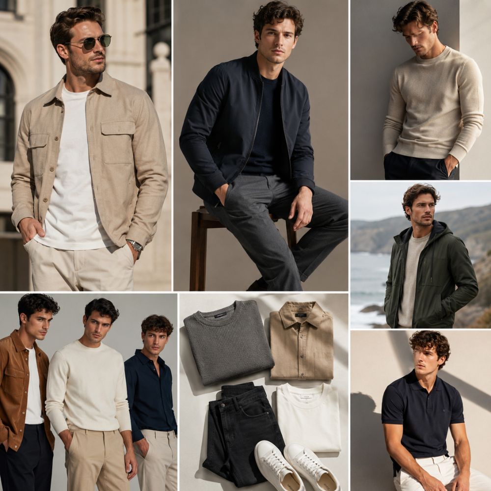 Collage of a man in various outfits with clothing items displayed below.