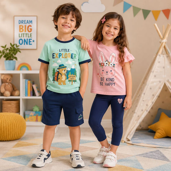 Two children wearing matching outfits with 'Little Explorer' and 'Be Kind Be Happy' text in a room setting.