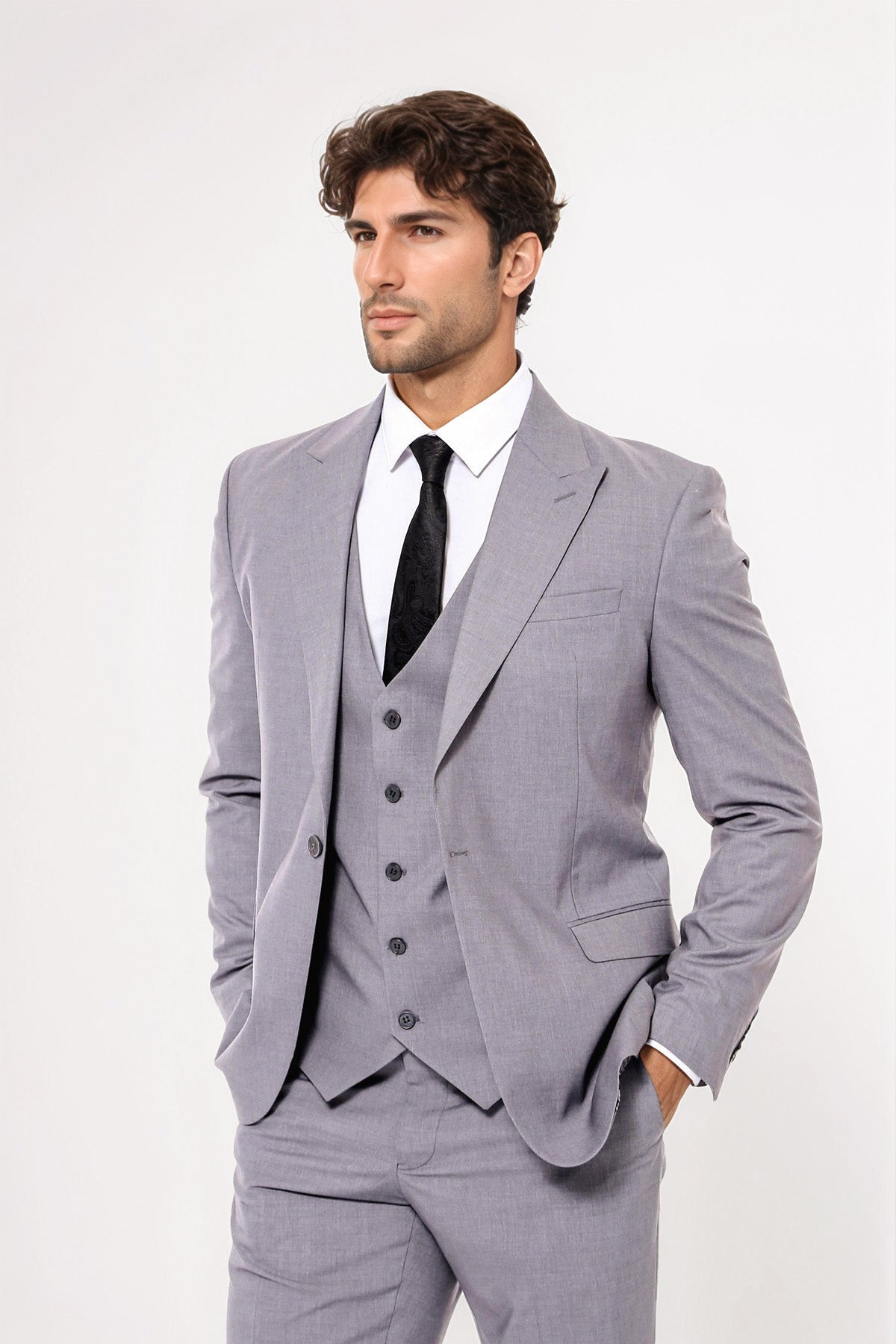 Grey Men's Plain Suit with Vest Formal Wessi