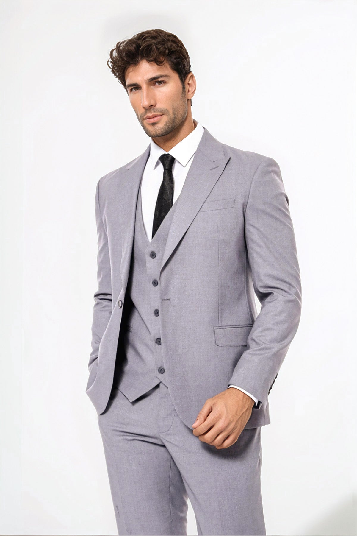 Grey Men's Plain Suit with Vest Formal Wessi