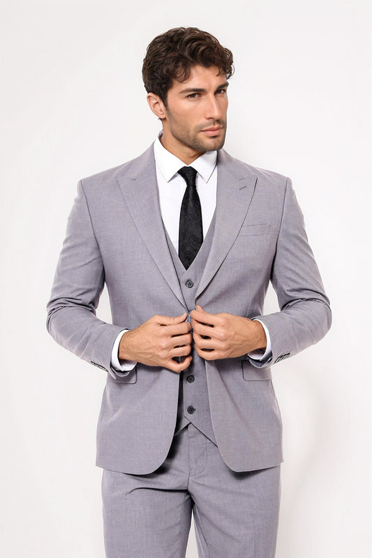 Grey Men's Plain Suit with Vest Formal Wessi